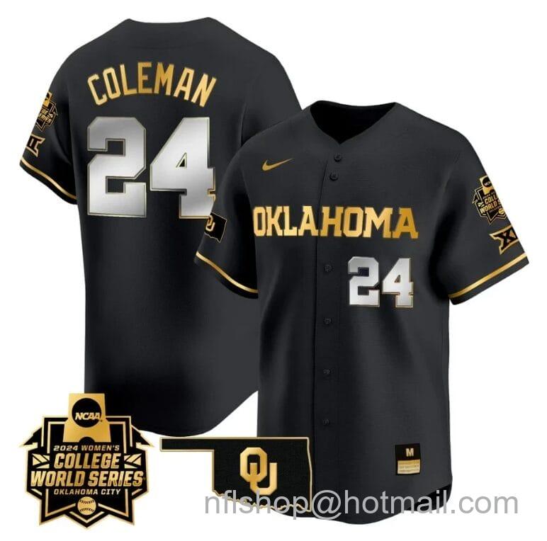 Men's Nike Jayda Coleman Jersey #24 Oklahoma Sooners 2024 College World Series Patch Vapor Premier Limited NCAA Baseball Stitched Black Gold