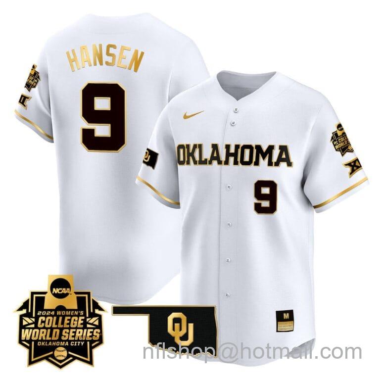 Men's Nike Kinzie Hansen Jersey #9 Oklahoma Sooners 2024 College World Series Patch Vapor Premier Limited NCAA Baseball Stitched White Gold