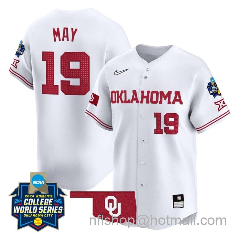 Men's Nike Nicole May Jersey #19 Oklahoma Sooners 2024 College World Series Patch Vapor Premier Limited NCAA Baseball Stitched White