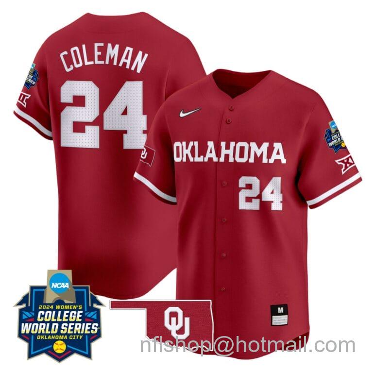 Men's Nike Jayda Coleman Jersey #24 Oklahoma Sooners 2024 College World Series Patch Vapor Premier Limited NCAA Baseball Stitched Crimson