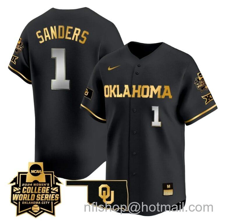 Men's Nike Cydney Sanders Jersey #1 Oklahoma Sooners 2024 College World Series Patch Vapor Premier Limited NCAA Baseball Stitched Black Gold