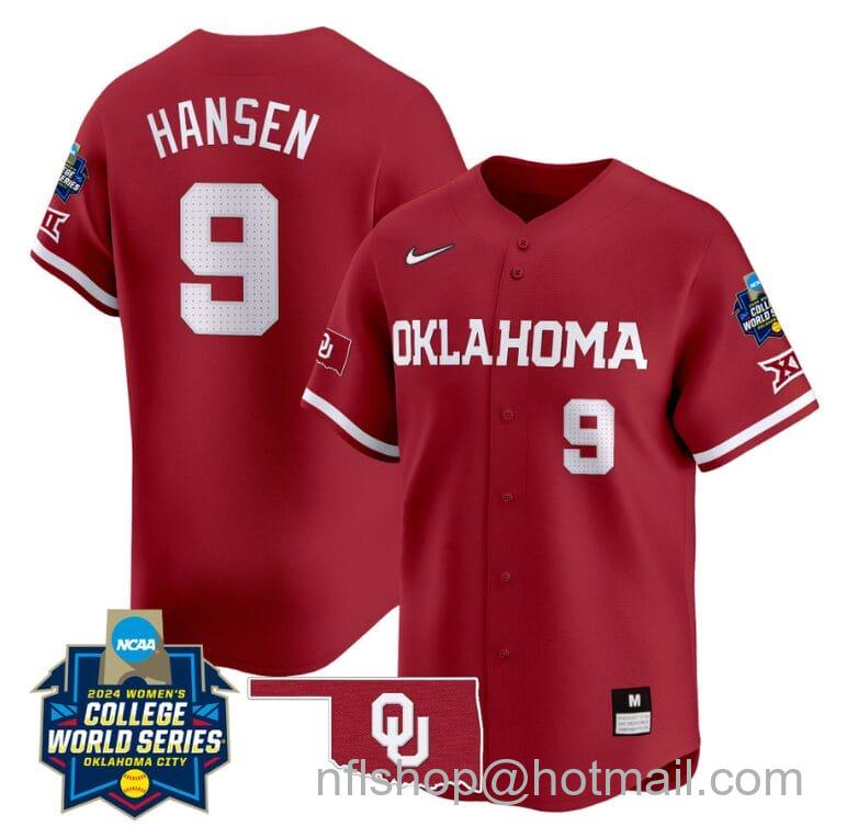 Men's Nike Kinzie Hansen Jersey #9 Oklahoma Sooners 2024 College World Series Patch Vapor Premier Limited NCAA Baseball Stitched Crimson