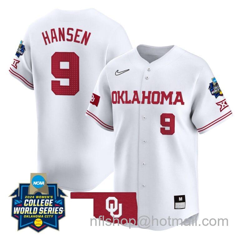 Men's Nike Kinzie Hansen Jersey #9 Oklahoma Sooners 2024 College World Series Patch Vapor Premier Limited NCAA Baseball Stitched White