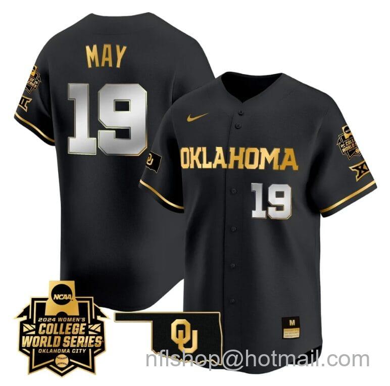 Men's Nike Nicole May Jersey #19 Oklahoma Sooners 2024 College World Series Patch Vapor Premier Limited NCAA Baseball Stitched Black Gold