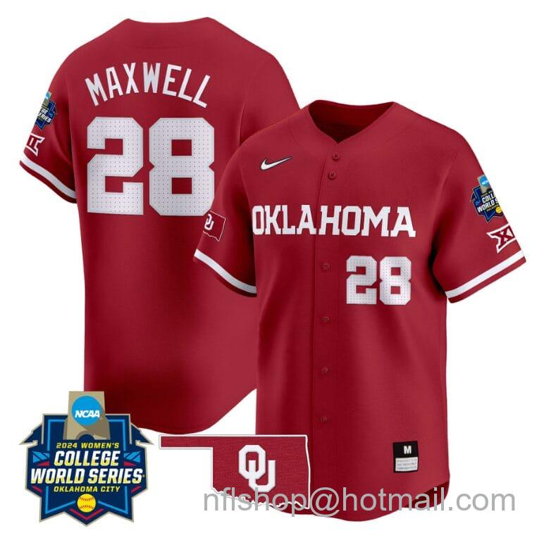 Men's Nike Kelly Maxwell Jersey #28 Oklahoma Sooners 2024 College World Series Patch Vapor Premier Limited NCAA Baseball Stitched Crimson