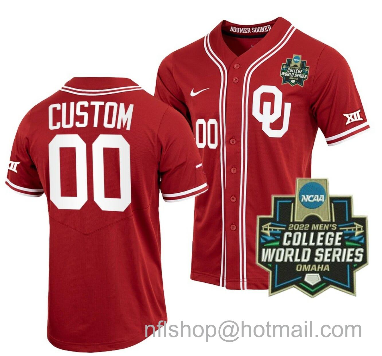 Men's Nike Custom Oklahoma Sooners Baseball Jersey Name and Number NCAA Crimson 2022 College World Series