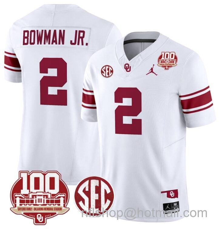 Men's Jordan Brand Billy Bowman Jr Jersey #2 Oklahoma Sooners 100th Anniversary Patch Vapor Limited College Football Stitched White