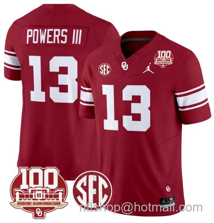 Men's Jordan Brand Reggie Powers III Jersey #13 Oklahoma Sooners 100th Anniversary Patch Vapor Limited College Football Stitched Crimson