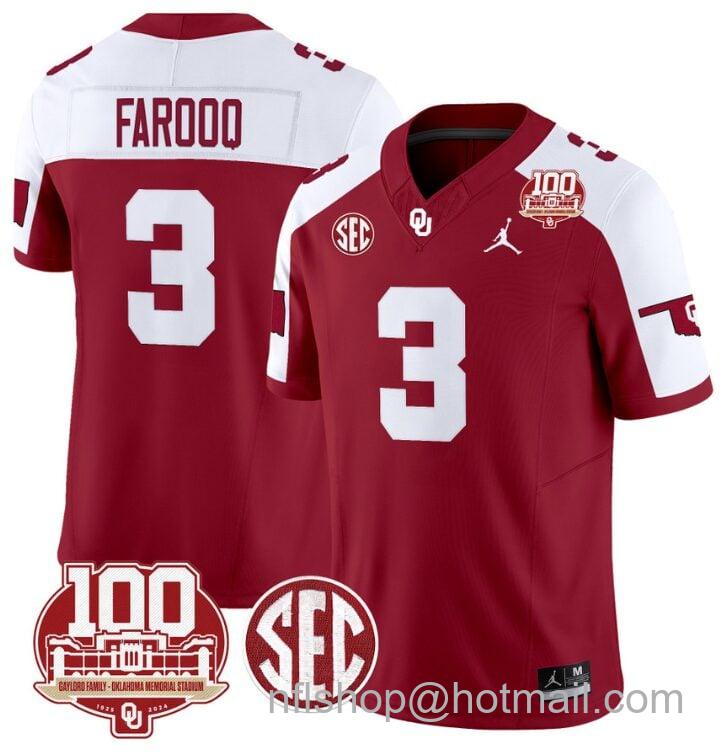 Men's Jordan Brand Jalil Farooq Jersey #3 Oklahoma Sooners 100th Anniversary Patch Vapor Limited College Football Stitched Crimson Alternate