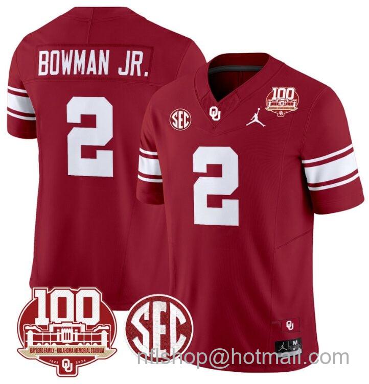 Men's Jordan Brand Billy Bowman Jr Jersey #2 Oklahoma Sooners 100th Anniversary Patch Vapor Limited College Football Stitched Crimson