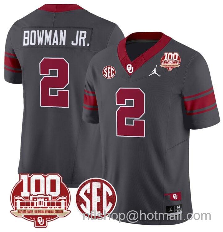 Men's Jordan Brand Billy Bowman Jr Jersey #2 Oklahoma Sooners 100th Anniversary Patch Vapor Limited College Football Stitched Anthracite