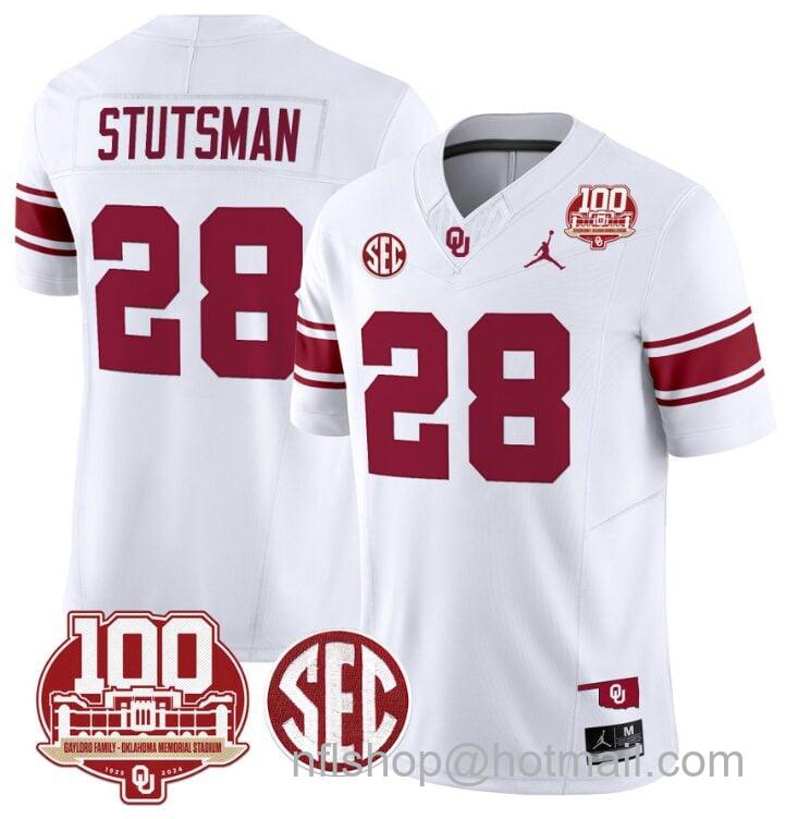 Men's Jordan Brand Danny Stutsman Jersey #28 Oklahoma Sooners 100th Anniversary Patch Vapor Limited College Football Stitched White