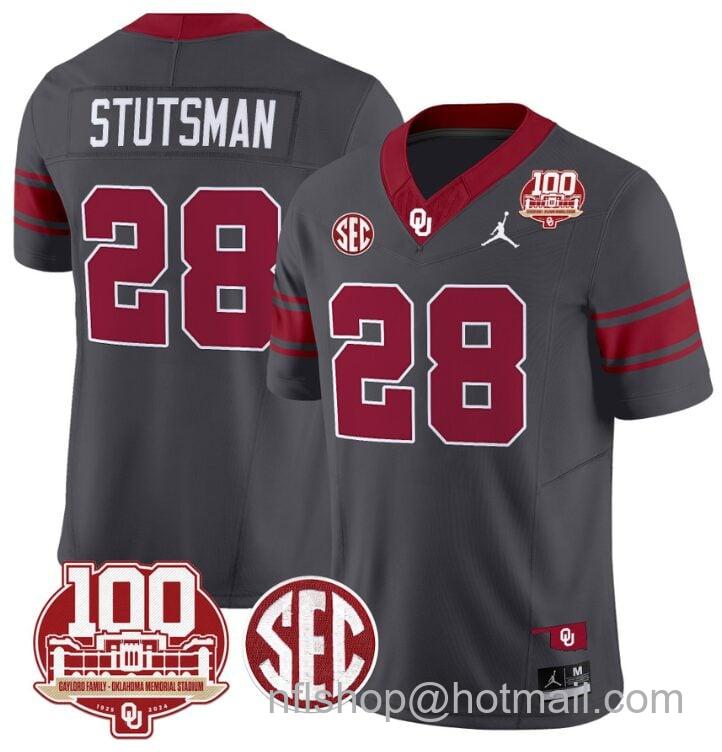 Men's Jordan Brand Danny Stutsman Jersey #28 Oklahoma Sooners 100th Anniversary Patch Vapor Limited College Football Stitched Anthracite