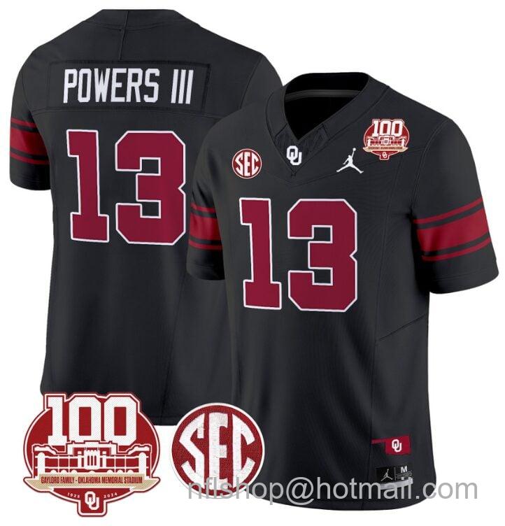 Men's Jordan Brand Reggie Powers III Jersey #13 Oklahoma Sooners 100th Anniversary Patch Vapor Limited College Football Stitched Black