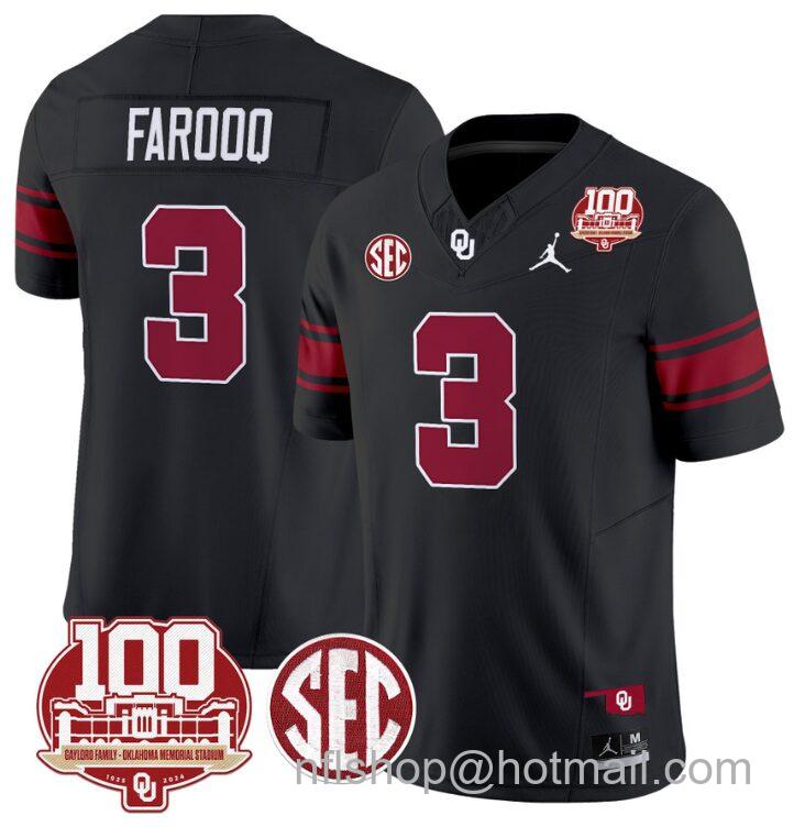 Men's Jordan Brand Jalil Farooq Jersey #3 Oklahoma Sooners 100th Anniversary Patch Vapor Limited College Football Stitched Black