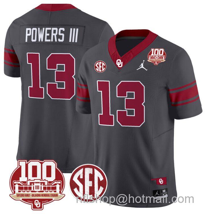 Men's Jordan Brand Reggie Powers III Jersey #13 Oklahoma Sooners 100th Anniversary Patch Vapor Limited College Football Stitched Anthracite