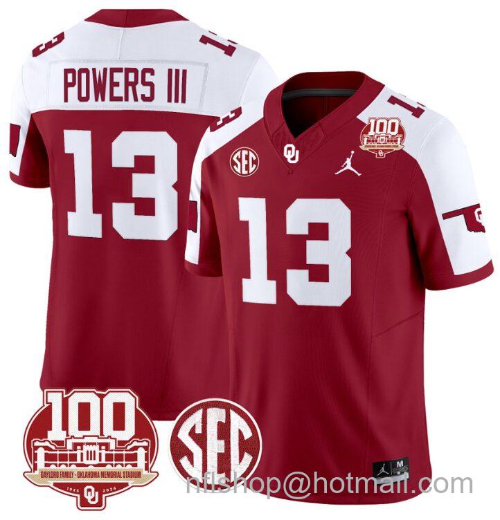 Men's Jordan Brand Reggie Powers III Jersey #13 Oklahoma Sooners 100th Anniversary Patch Vapor Limited College Football Stitched Crimson Alternate