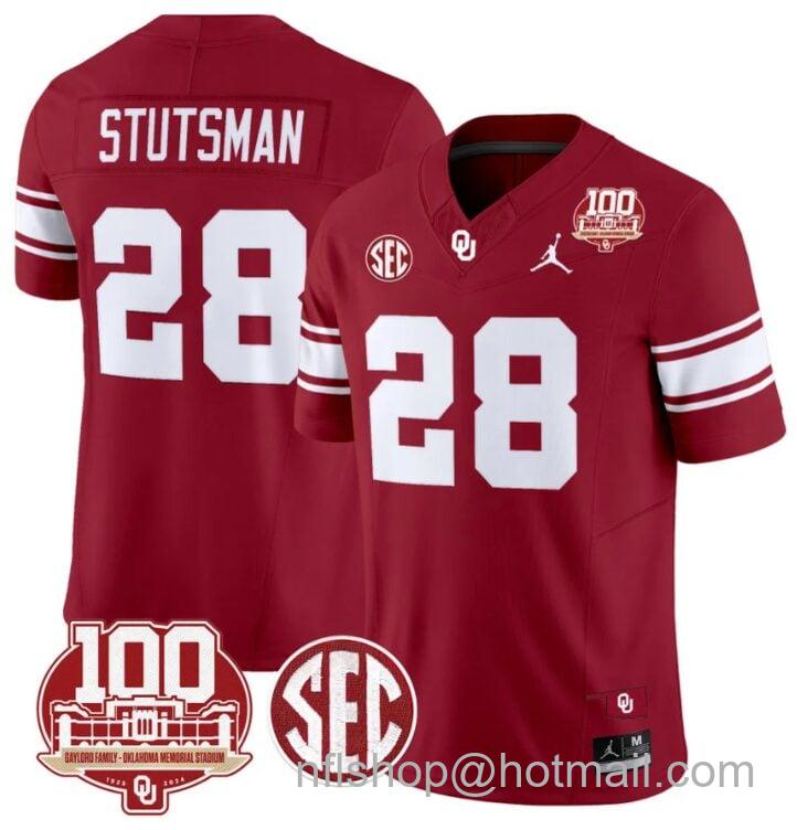 Men's Jordan Brand Danny Stutsman Jersey #28 Oklahoma Sooners 100th Anniversary Patch Vapor Limited College Football Stitched Crimson