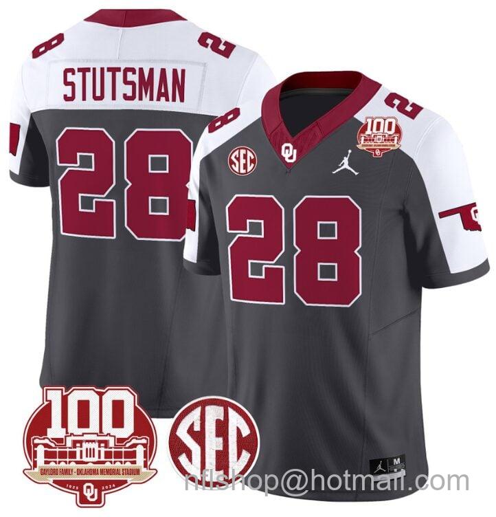 Men's Jordan Brand Danny Stutsman Jersey #28 Oklahoma Sooners 100th Anniversary Patch Vapor Limited College Football Stitched Anthracite Alternate