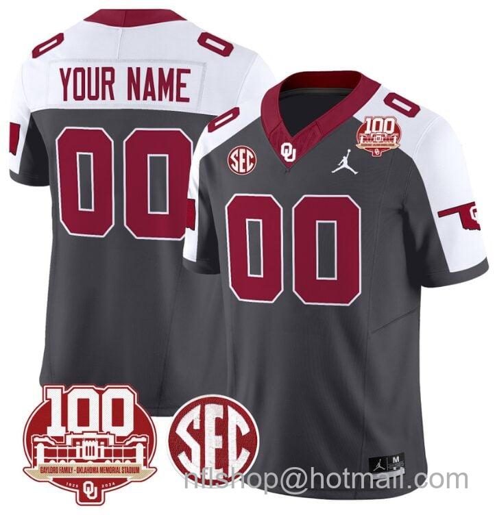 Men's Jordan Brand Custom Oklahoma Sooners Jersey Name and Number 100th Anniversary Patch Vapor Limited College Football Stitched Anthracite Alternate