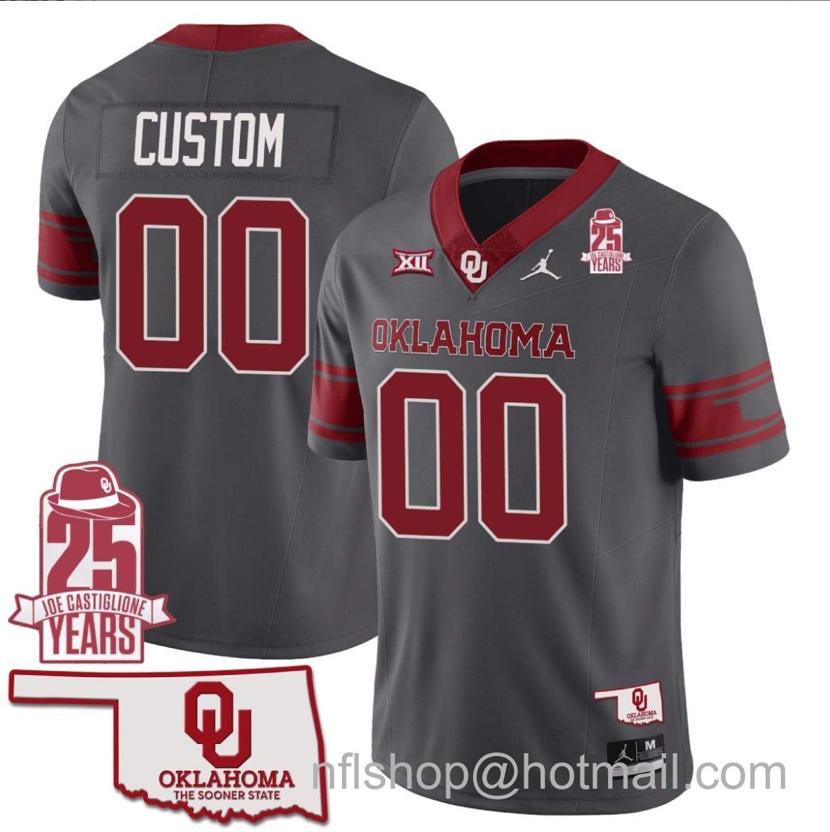 Men's Jordan Brand Custom Oklahoma Sooners Jersey Name and Number 25th Anniversary Patch Football Gray