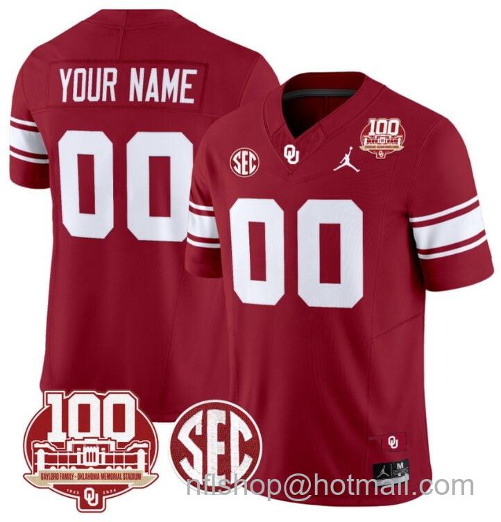 Men's Jordan Brand Custom Oklahoma Sooners Jersey Name and Number 100th Anniversary Patch Vapor Limited College Football Stitched Crimson