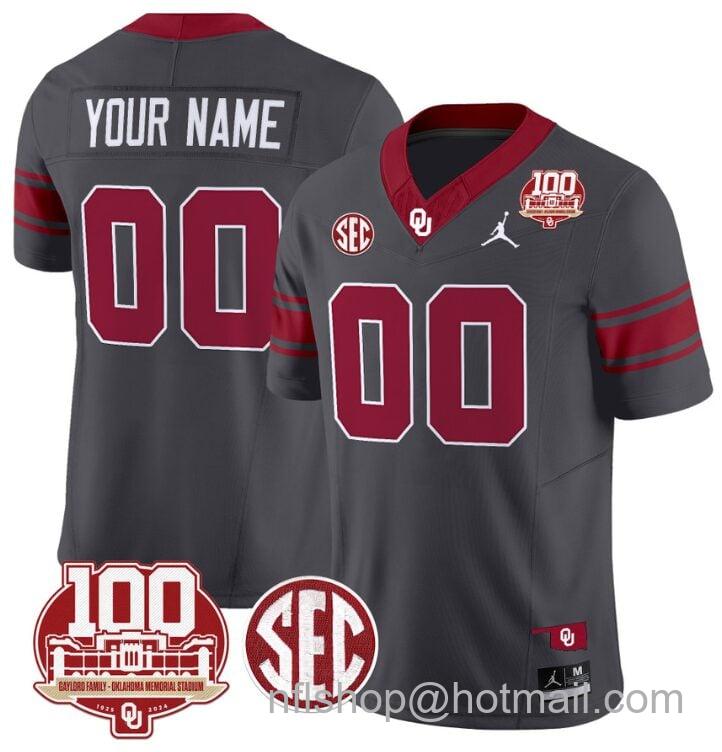 Men's Jordan Brand Custom Oklahoma Sooners Jersey Name and Number 100th Anniversary Patch Vapor Limited College Football Stitched Anthracite