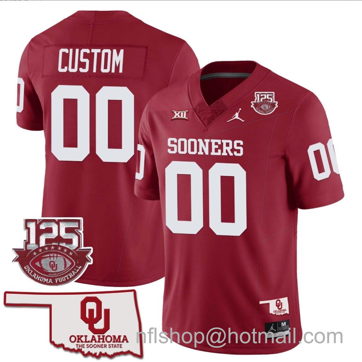 Men's Jordan Brand Custom Oklahoma Sooners Jersey Name and Number 125th Season Patch Football Red