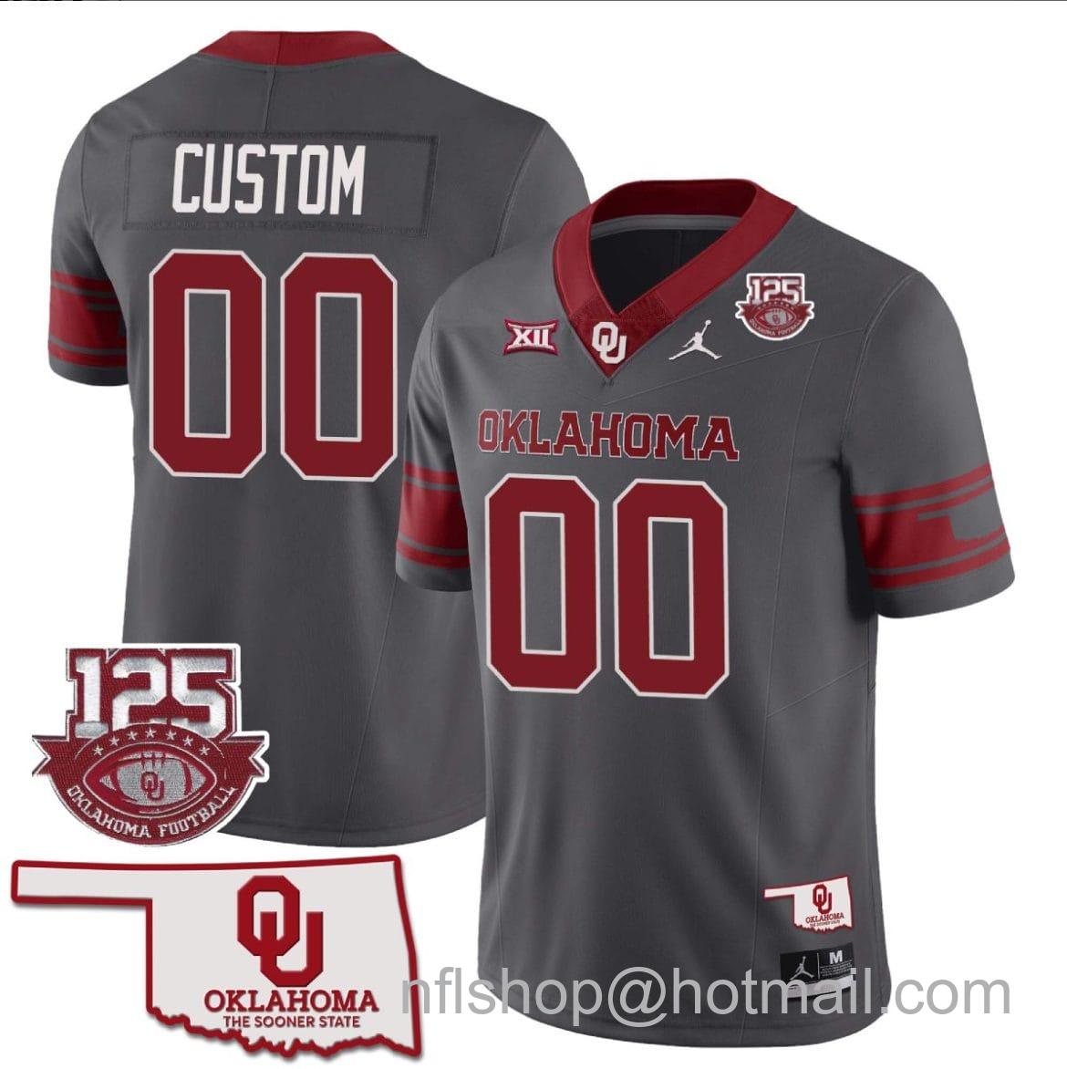 Men's Jordan Brand Custom Oklahoma Sooners Jersey Name and Number 125th Season Patch Football Gray