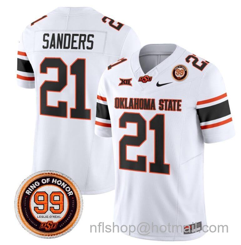 Men's Nike Barry Sanders Jersey #21 Oklahoma State Cowboys Leslie O'neal Patch Vapor Limited College Football Stitched White