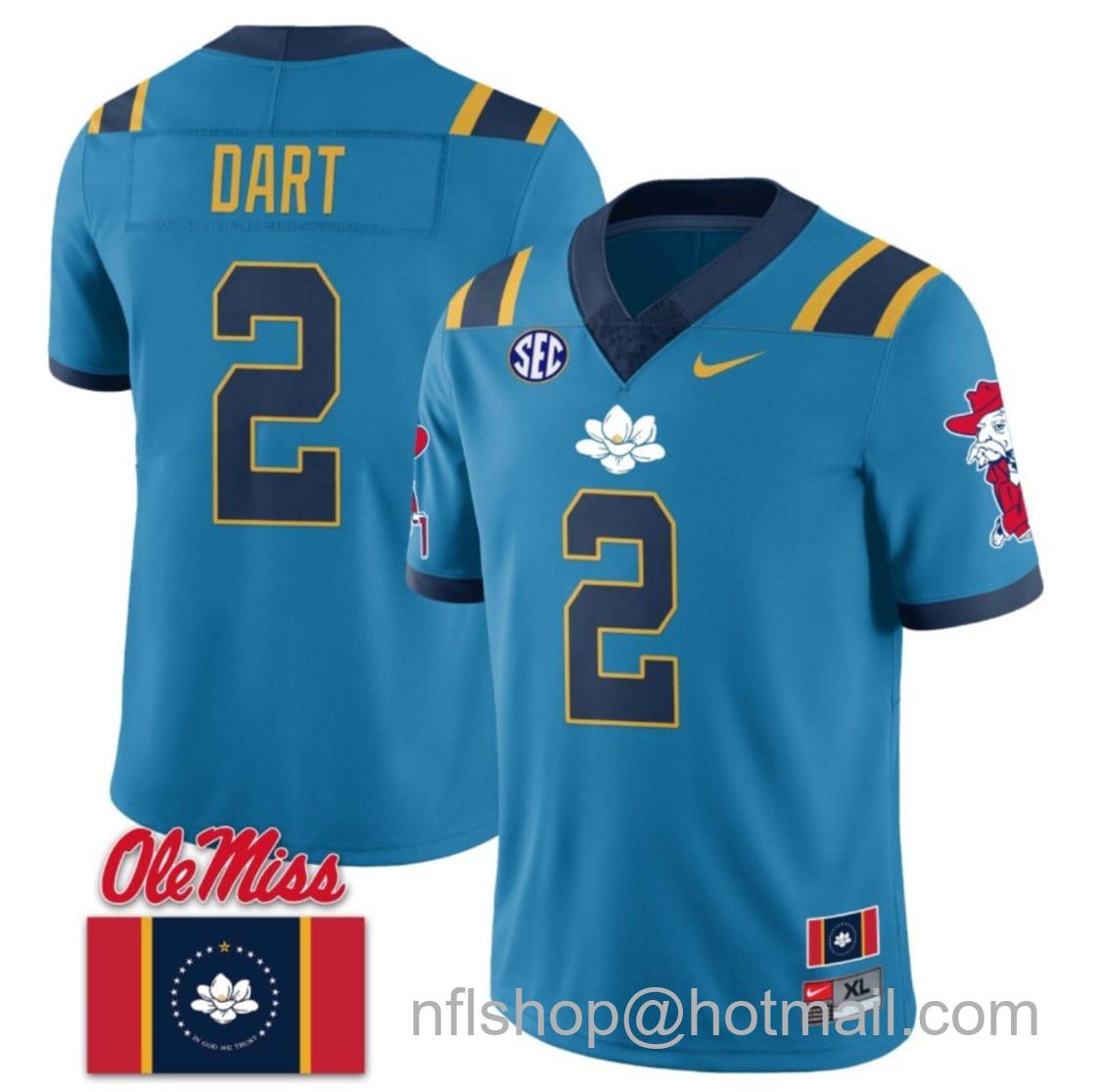 Men's Nike Jaxson Dart Jersey #2 Ole Miss Rebels Football Ole Miss Flag All Stitched Blue 1