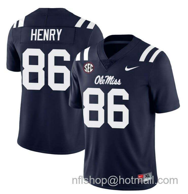 Men's Nike Ole Miss Rebels JJ Henry Jersey #86 College Football All Stitched Navy