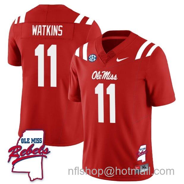 Men's Nike Jordan Watkins Jersey #11 Ole Miss Rebels Football Ole Map All Stitched Red