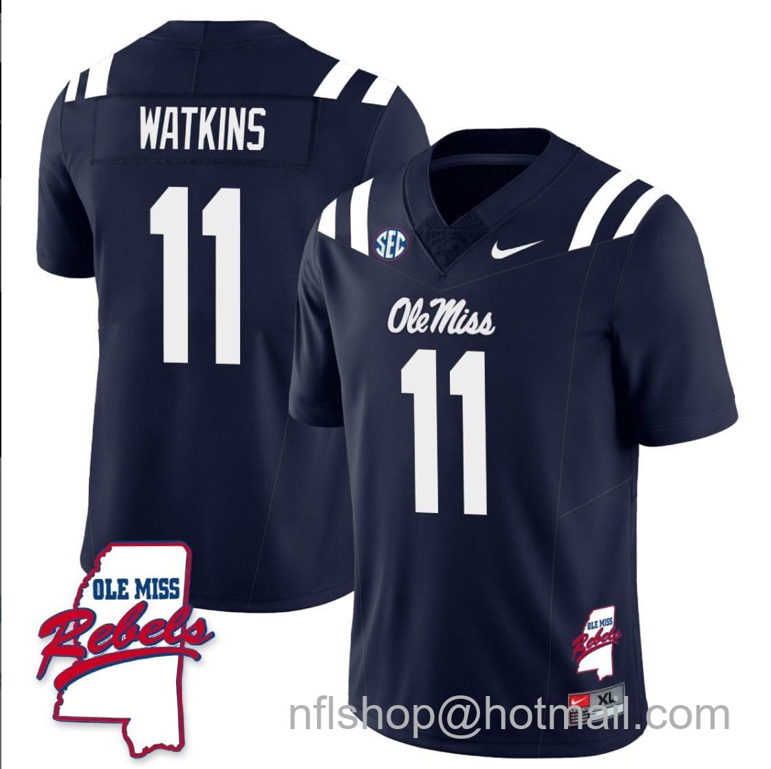 Men's Nike Jordan Watkins Jersey #11 Ole Miss Rebels Football Ole Map All Stitched Navy