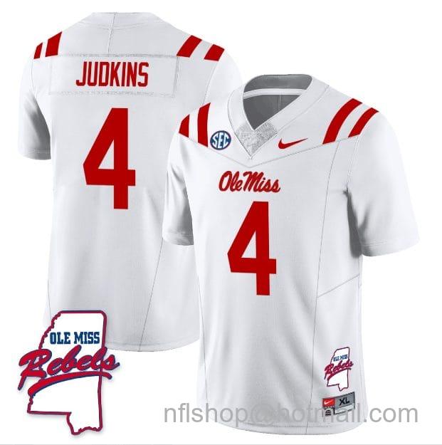 Men's Nike Quinshon Judkins Jersey #4 Ole Miss Rebels Football Ole Map All Stitched White