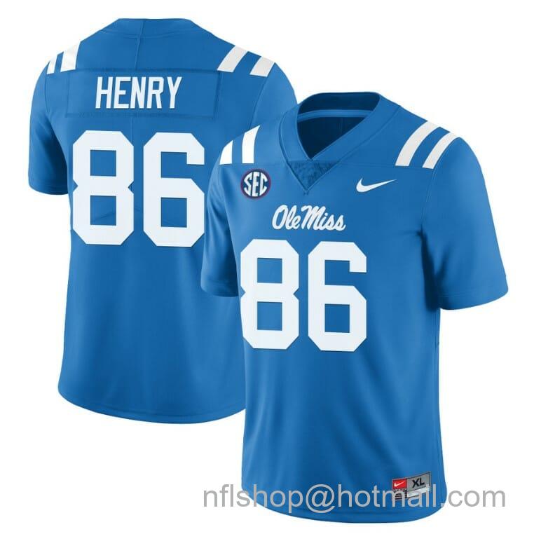 Men's Nike Ole Miss Rebels JJ Henry Jersey #86 College Football All Stitched Light Blue