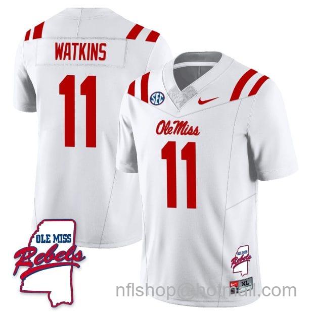 Men's Nike Jordan Watkins Jersey #11 Ole Miss Rebels Football Ole Map All Stitched White