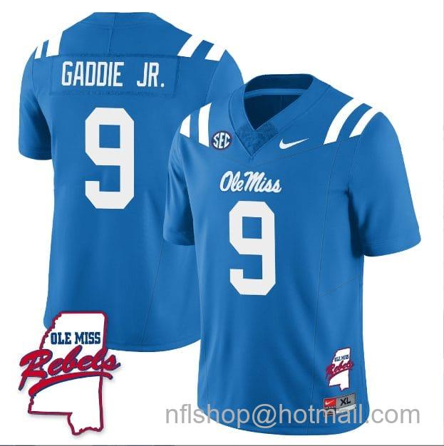 Men's Nike DeShawn Gaddie Jr Jersey #9 Ole Miss Rebels Football Ole Map All Stitched Blue