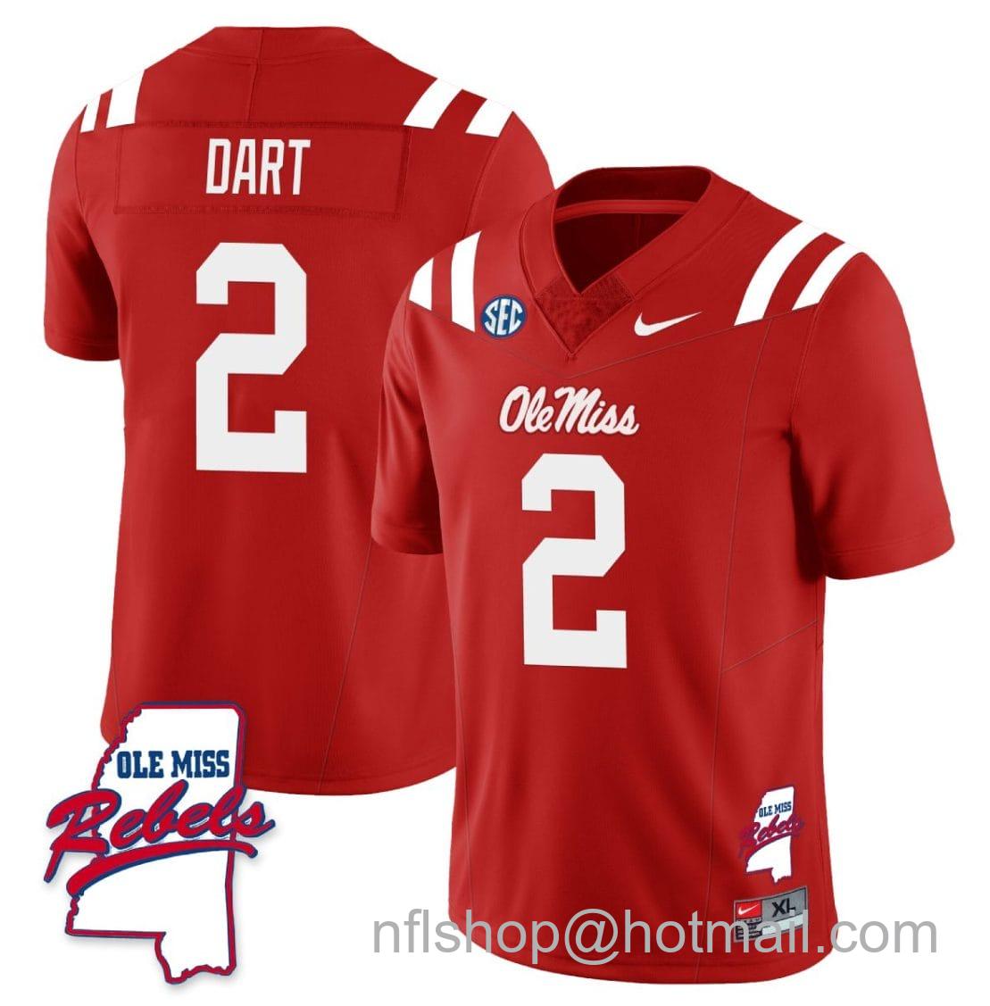 Men's Nike Jaxson Dart Jersey #2 Ole Miss Rebels Football Ole Map All Stitched Red