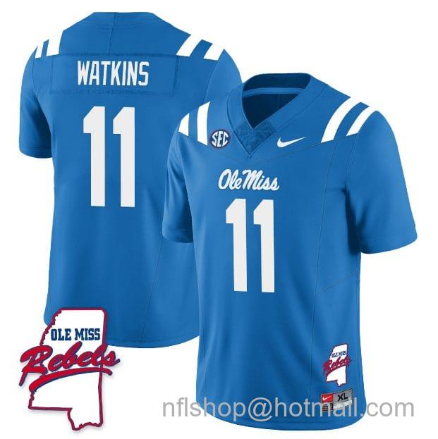 Men's Nike Jordan Watkins Jersey #11 Ole Miss Rebels Football Ole Map All Stitched Blue