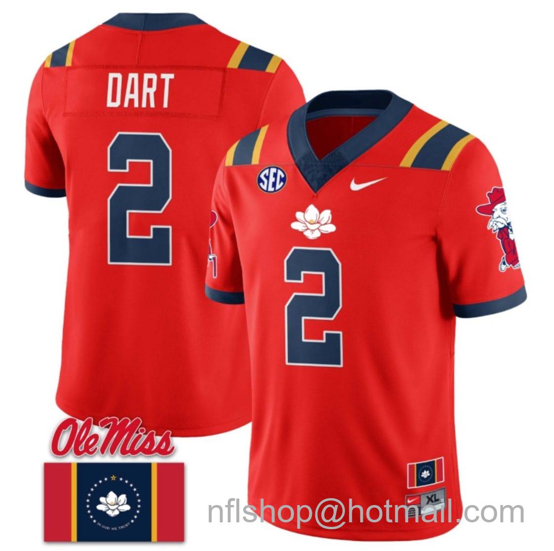 Men's Nike Jaxson Dart Jersey #2 Ole Miss Rebels Football Ole Miss Flag All Stitched Red