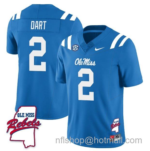 Men's Nike Jaxson Dart Jersey #2 Ole Miss Rebels Football Ole Map All Stitched Blue