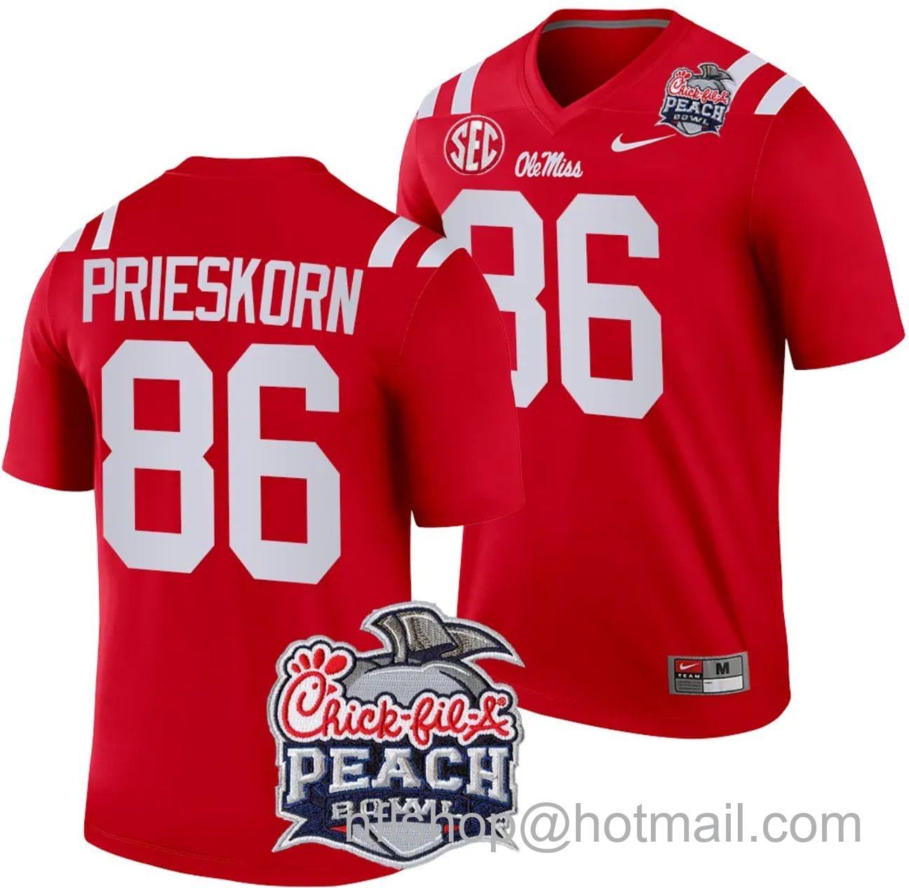 Men's Nike Caden Prieskorn Jersey #86 Ole Miss Rebels Peach Bowl Patch 2024 College Football Red