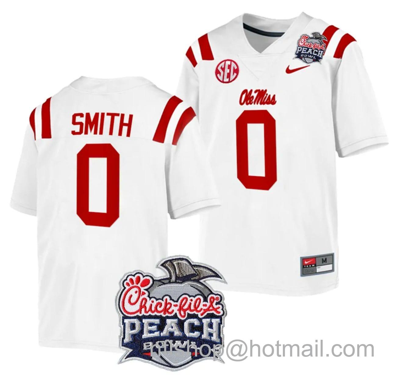 Men's Nike Deion Smith Jersey #0 Ole Miss Rebels Peach Bowl Patch 2024 College Football White