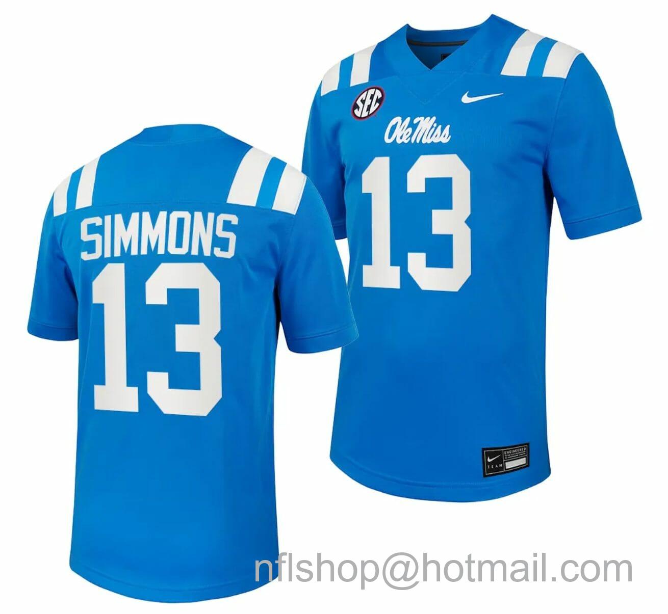 Men's Nike Ole Miss Rebels Austin Simmons Jersey #13 Untouchable College Football 2023 Powder Blue