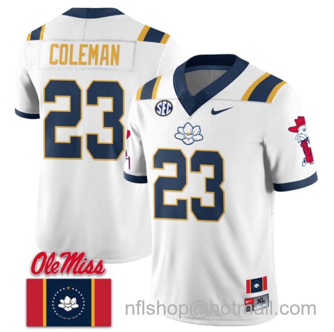 Men's Nike Khari Coleman Jersey #23 Ole Miss Rebels Football Ole Miss Flag All Stitched White 1