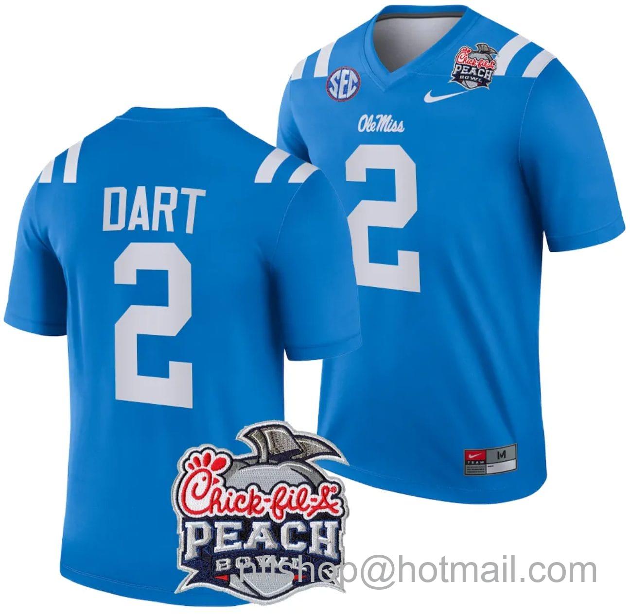 Men's Nike Jaxson Dart Jersey #2 Ole Miss Rebels Peach Bowl Patch 2024 College Football Blue