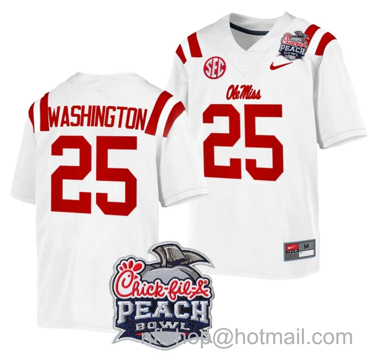 Men's Nike Trey Washington Jersey #25 Ole Miss Rebels Peach Bowl Patch 2024 College Football White