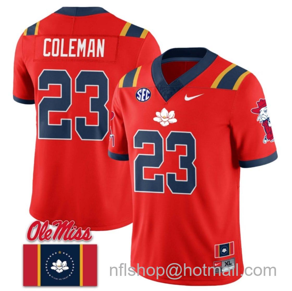 Men's Nike Khari Coleman Jersey #23 Ole Miss Rebels Football Ole Miss Flag All Stitched Red