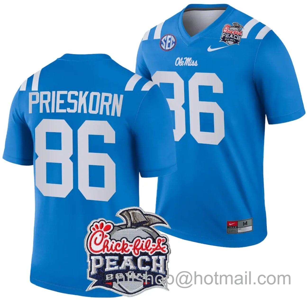 Men's Nike Caden Prieskorn Jersey #86 Ole Miss Rebels Peach Bowl Patch 2024 College Football Blue